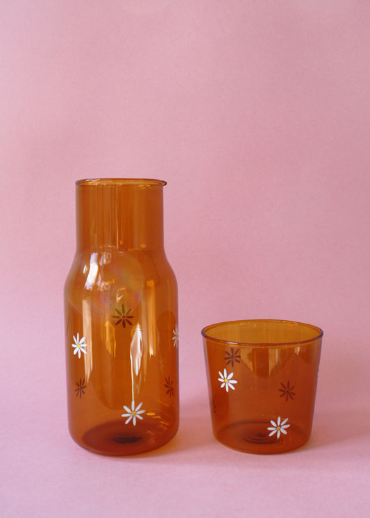 Hand painted amber daisy carafe & glass set