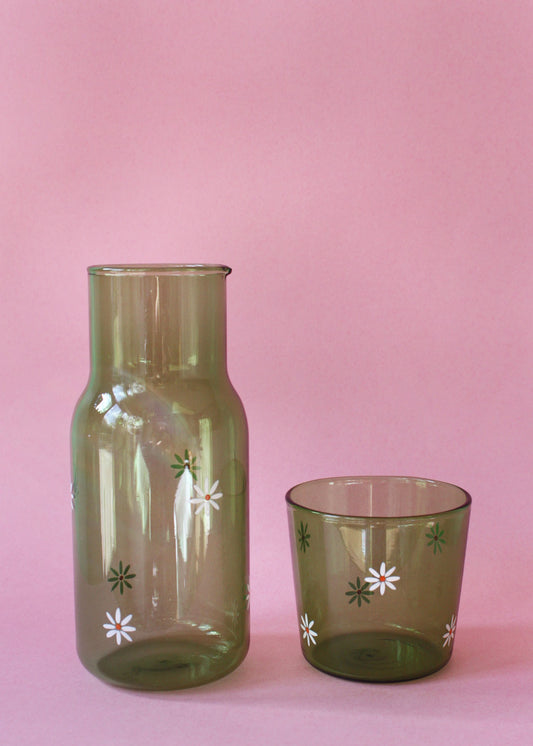 Hand painted green daisy carafe & glass set