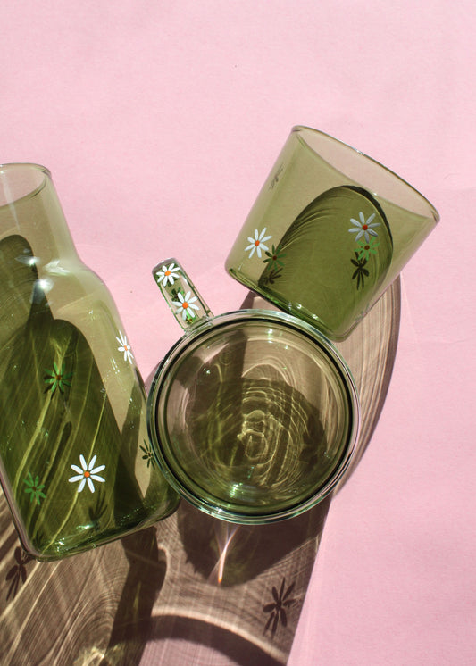 Hand painted green daisy carafe & glass set