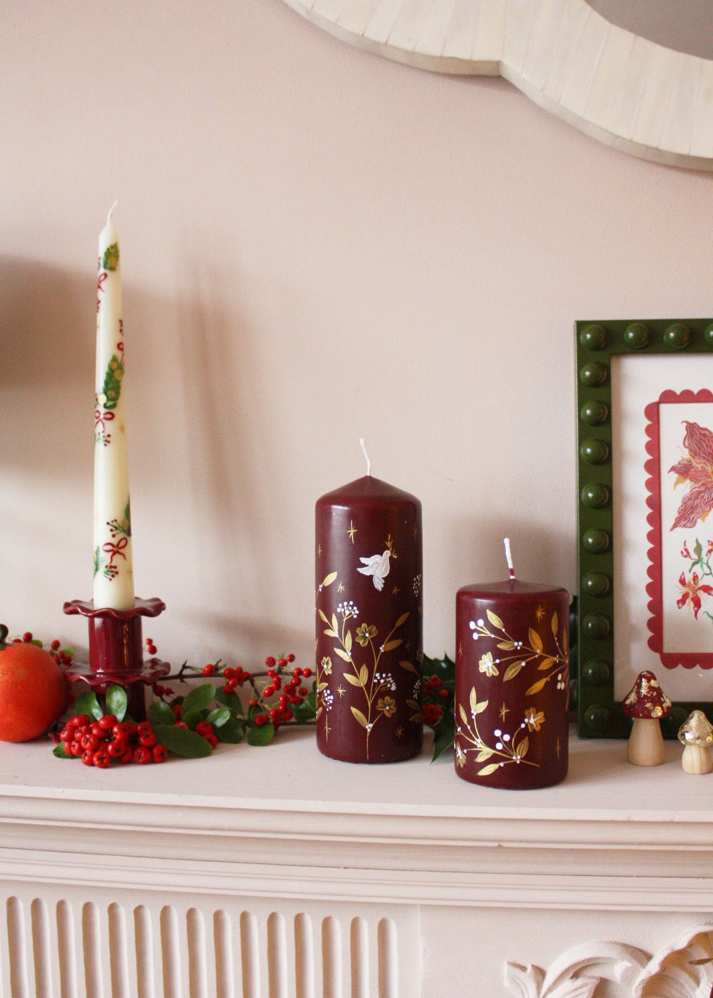 Merlot festive dove pillar candle