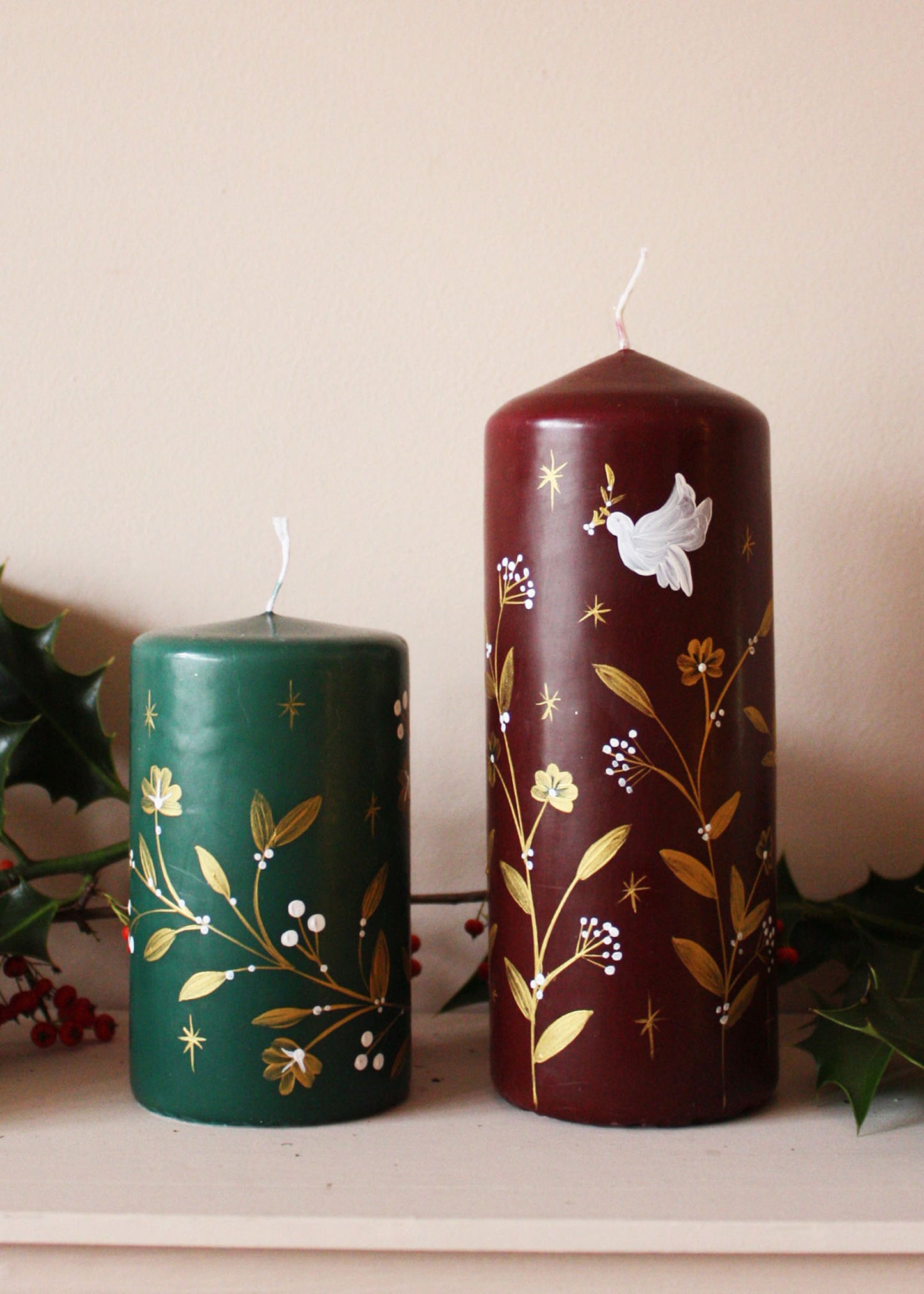 Merlot festive dove pillar candle