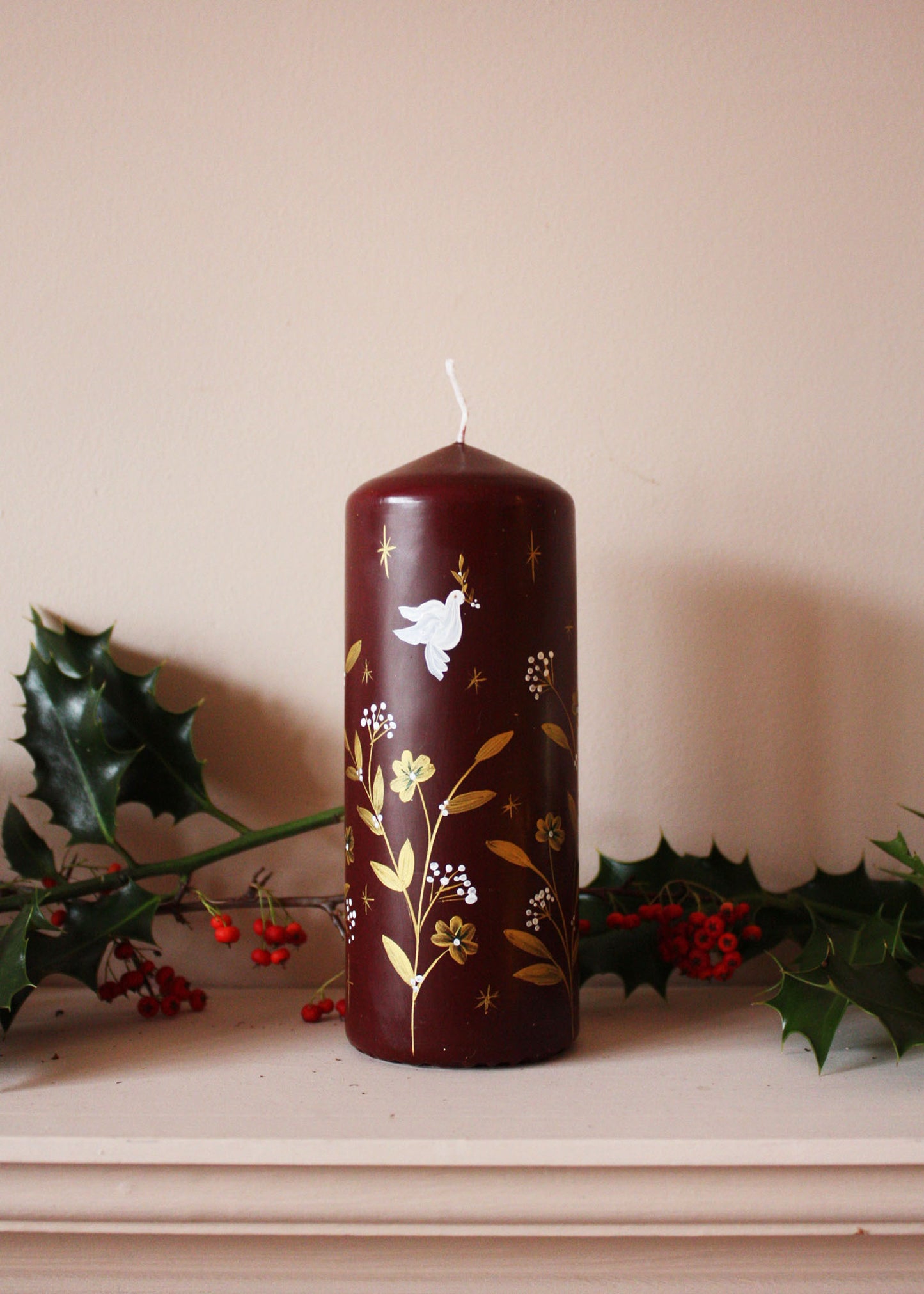 Merlot festive dove pillar candle